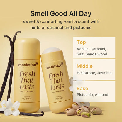 [Medicube] Deodorant Vanilla & Pistachio Fresh That Lasts | 24 Hour Odor Control, No Aluminum, Baking Soda, Parabens, Phthalates, Ethanol | Brightening & Smoothing for Dark Underarms with Kojic Acid & Turmeric | Korean Skincare, K-Beauty