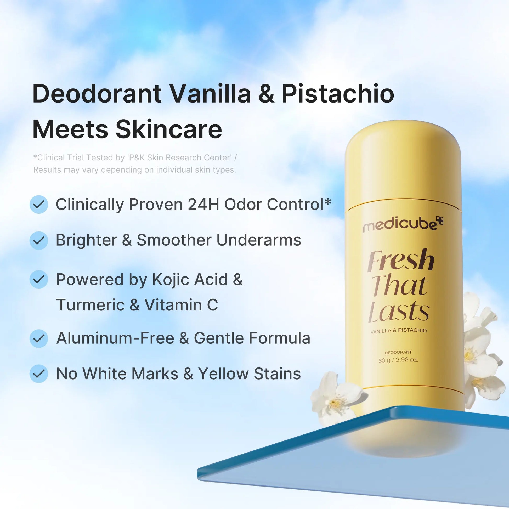 [Medicube] Deodorant Vanilla & Pistachio Fresh That Lasts | 24 Hour Odor Control, No Aluminum, Baking Soda, Parabens, Phthalates, Ethanol | Brightening & Smoothing for Dark Underarms with Kojic Acid & Turmeric | Korean Skincare, K-Beauty