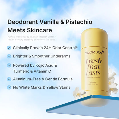 [Medicube] Deodorant Vanilla & Pistachio Fresh That Lasts | 24 Hour Odor Control, No Aluminum, Baking Soda, Parabens, Phthalates, Ethanol | Brightening & Smoothing for Dark Underarms with Kojic Acid & Turmeric | Korean Skincare, K-Beauty